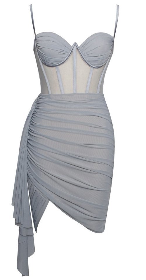 Ruched Bustier Corset Mesh Dress Silver ...